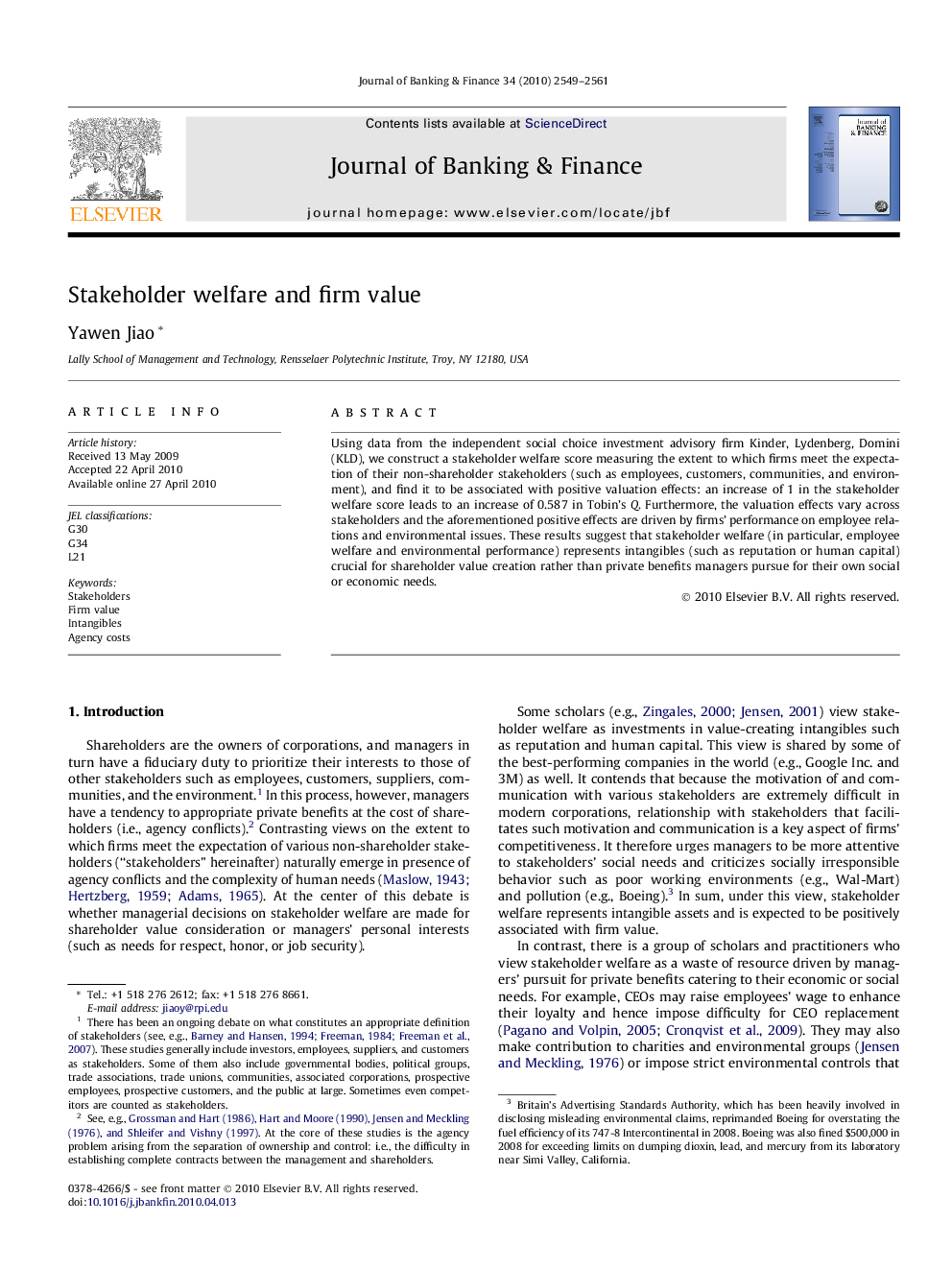 Stakeholder welfare and firm value