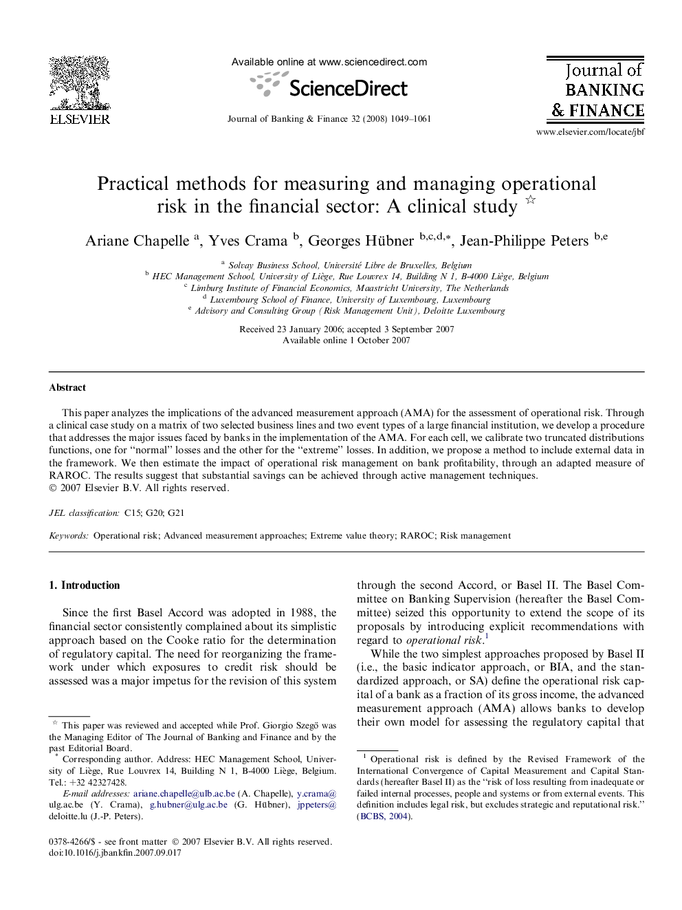 Practical methods for measuring and managing operational risk in the financial sector: A clinical study