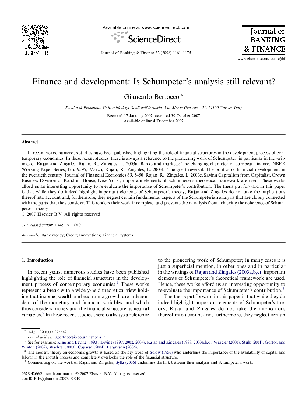 Finance and development: Is Schumpeter's analysis still relevant?