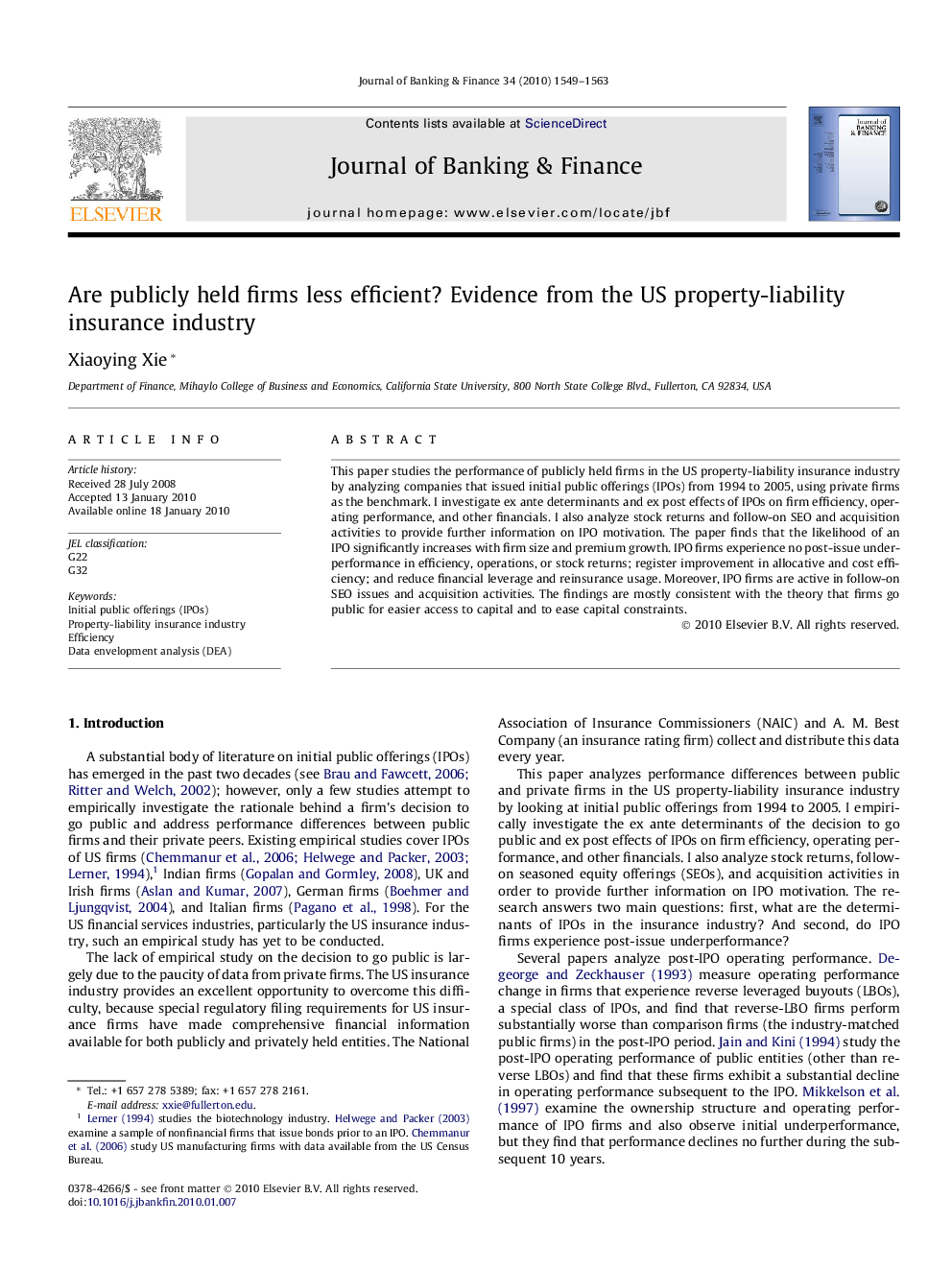 Are publicly held firms less efficient? Evidence from the US property-liability insurance industry