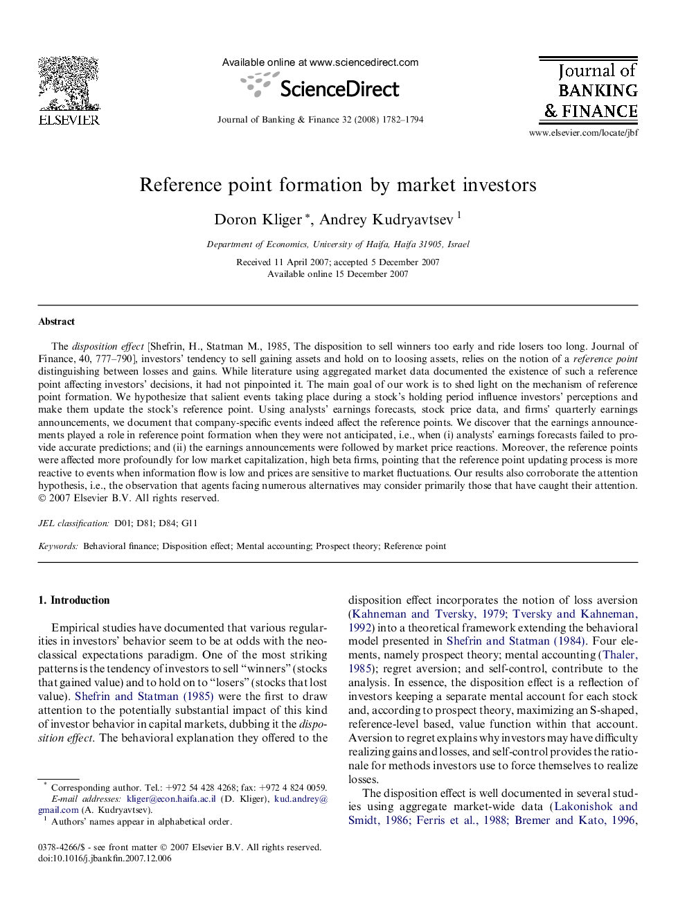 Reference point formation by market investors