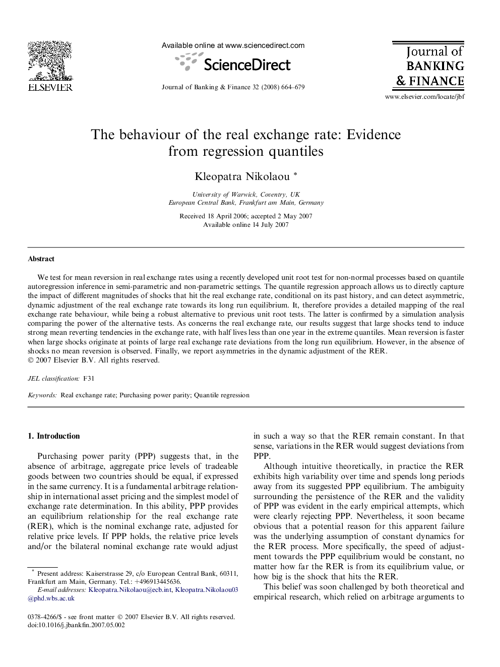 The behaviour of the real exchange rate: Evidence from regression quantiles