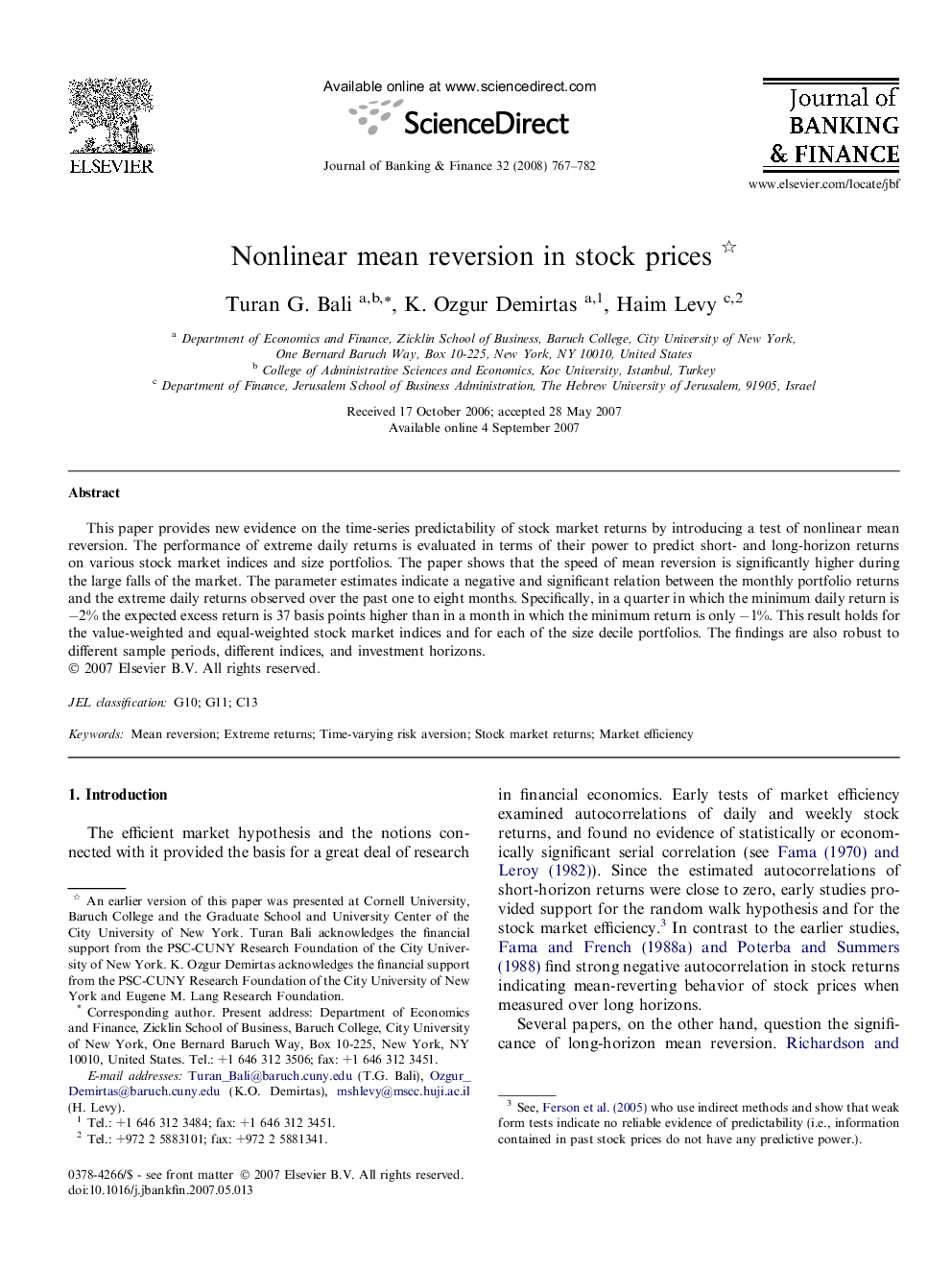 Nonlinear mean reversion in stock prices