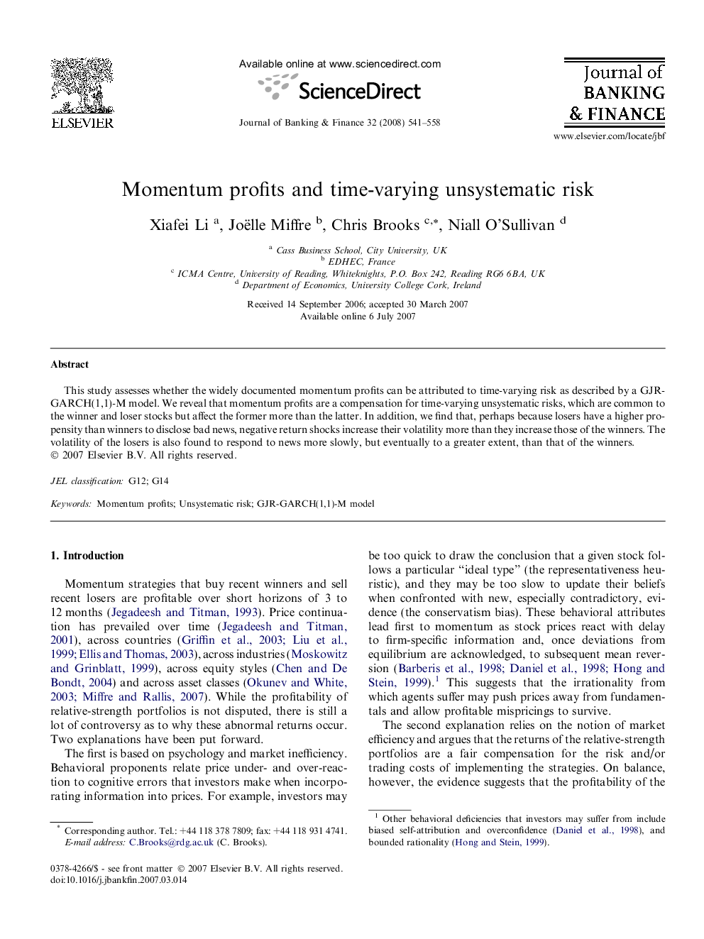 Momentum profits and time-varying unsystematic risk