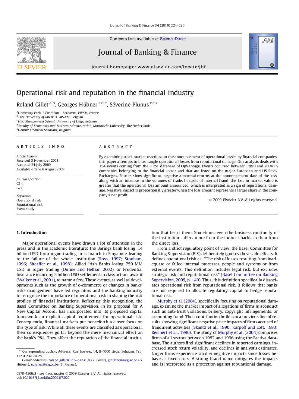 Operational risk and reputation in the financial industry