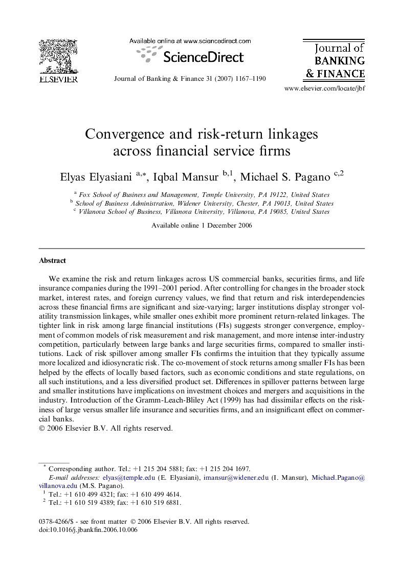 Convergence and risk-return linkages across financial service firms