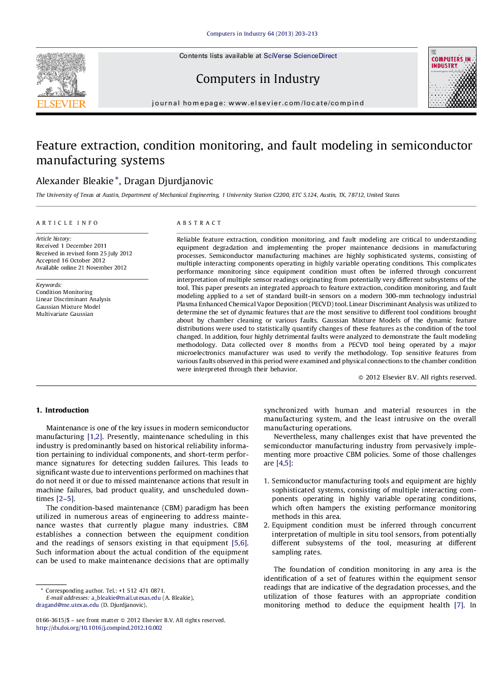 Feature extraction, condition monitoring, and fault modeling in semiconductor manufacturing systems