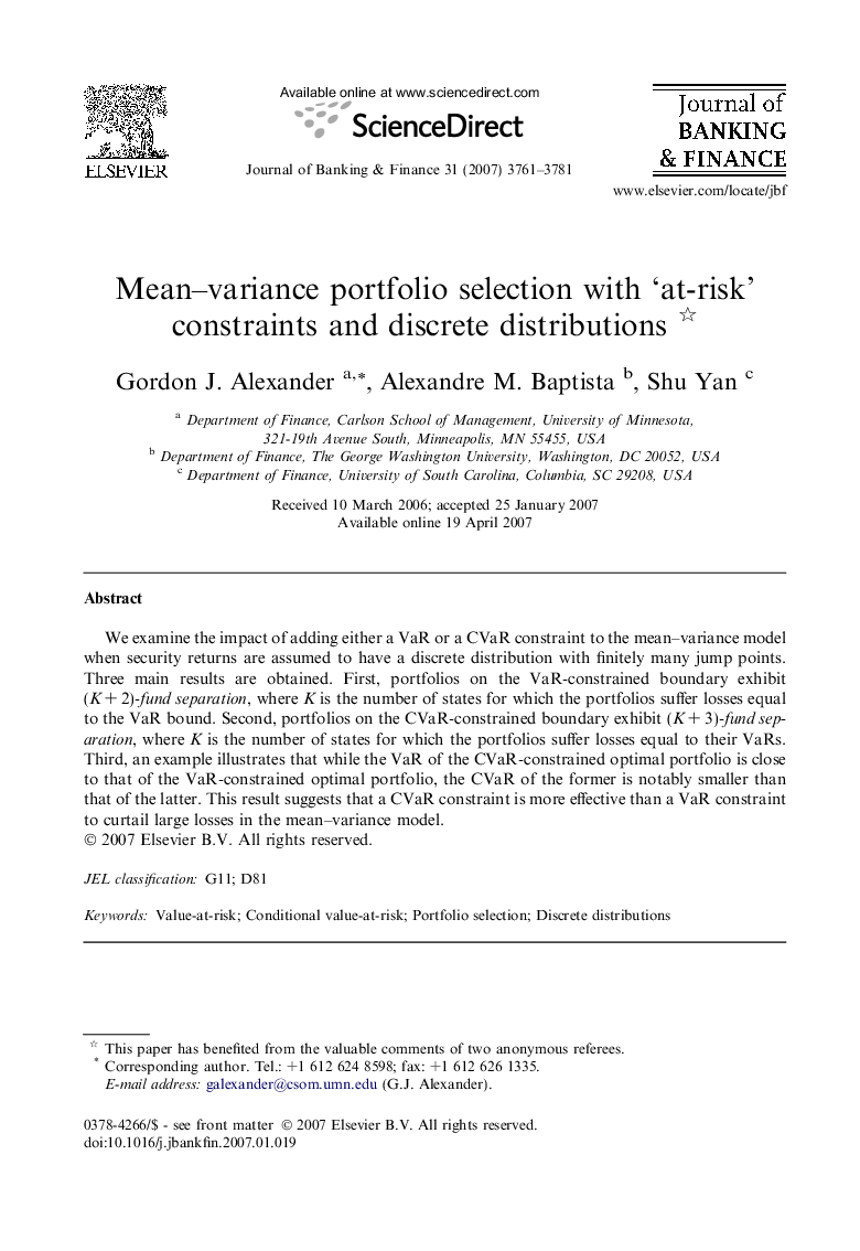 Mean-variance portfolio selection with 'at-risk' constraints and discrete distributions