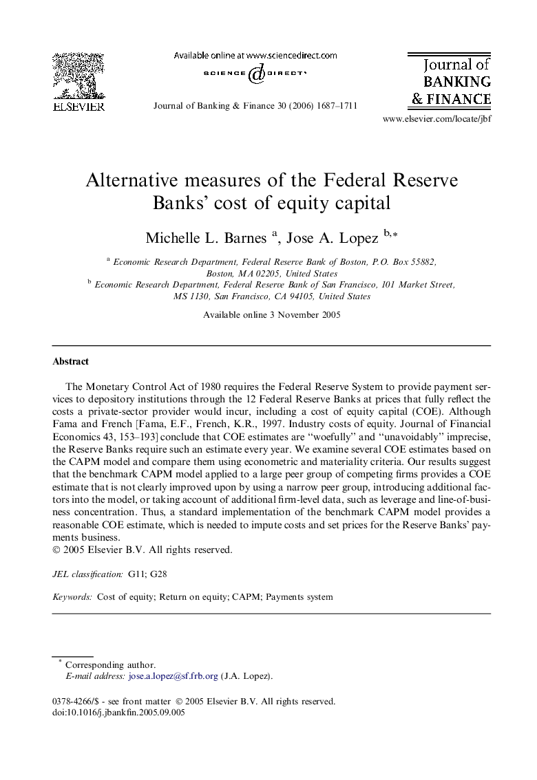 Alternative measures of the Federal Reserve Banks' cost of equity capital