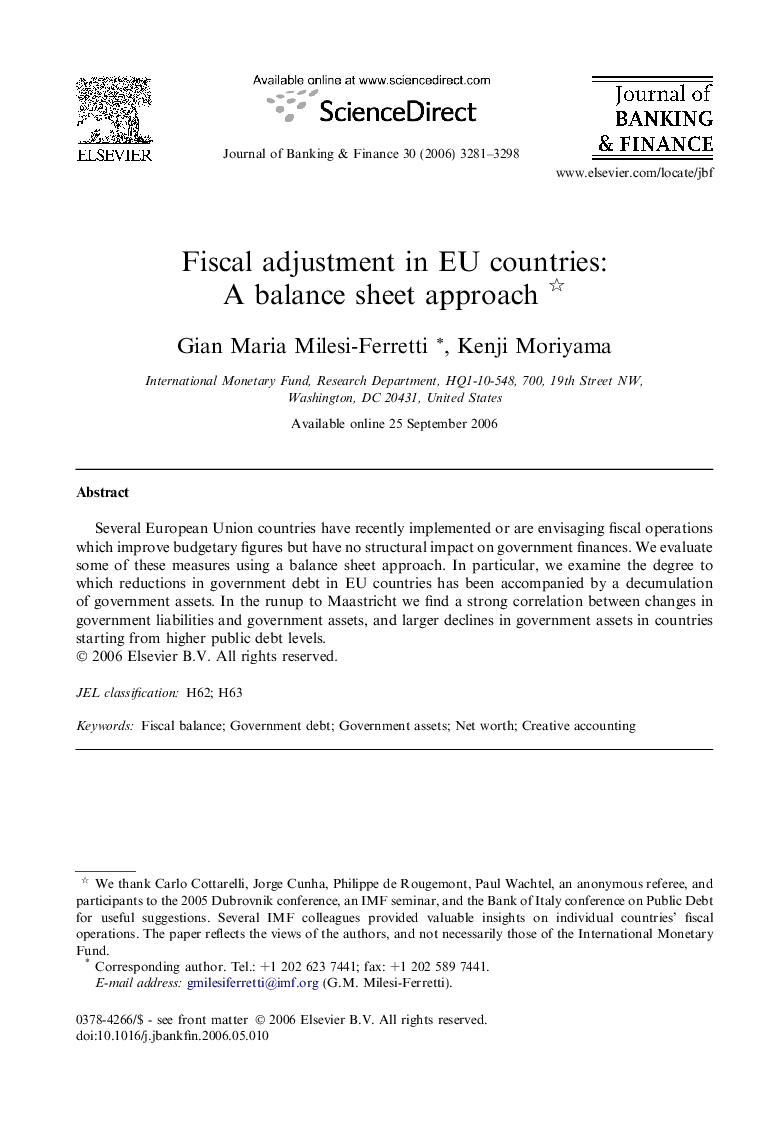 Fiscal adjustment in EU countries: A balance sheet approach