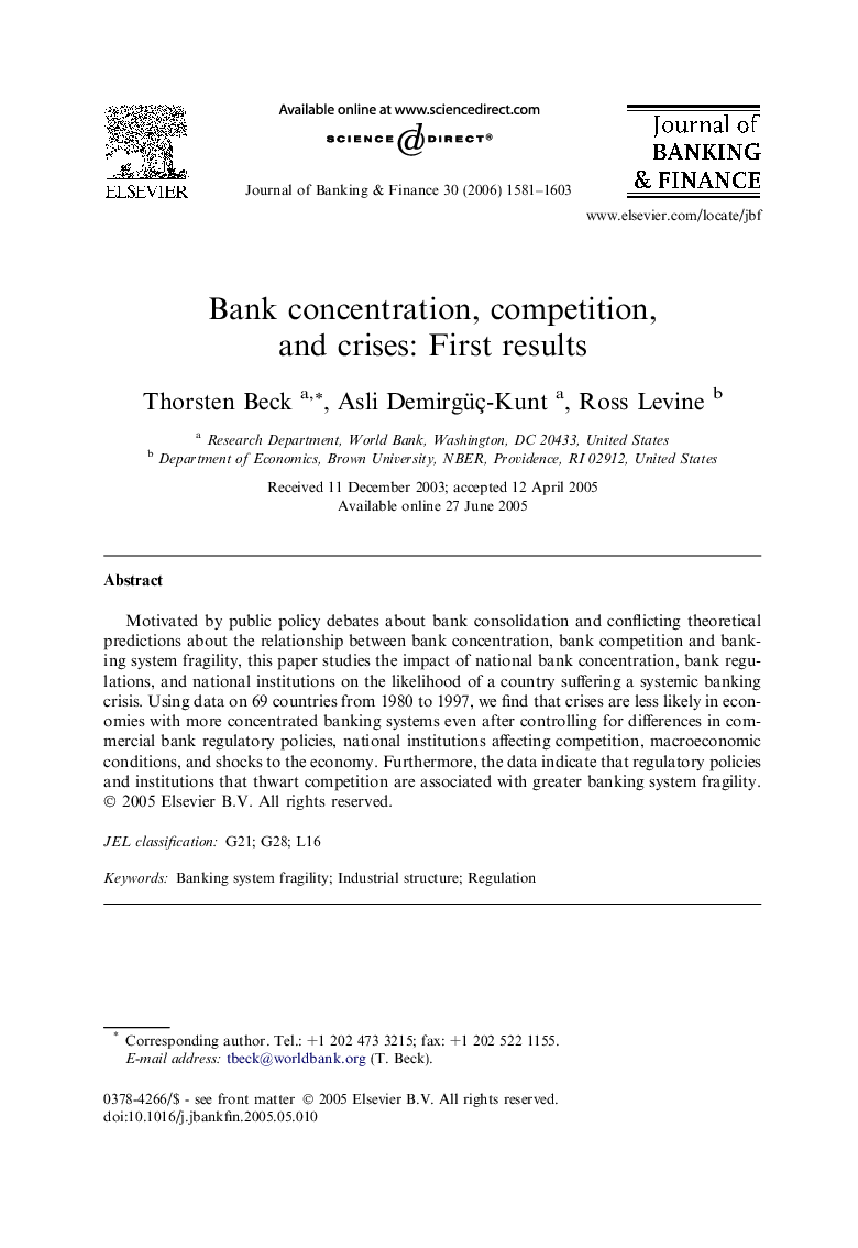 Bank concentration, competition, and crises: First results