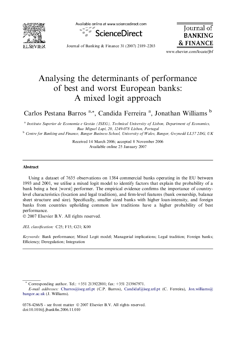 Analysing the determinants of performance of best and worst European banks: A mixed logit approach