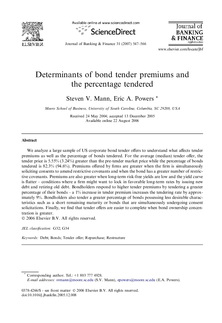 Determinants of bond tender premiums and the percentage tendered