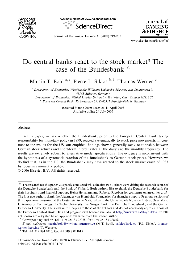 Do central banks react to the stock market? The case of the Bundesbank