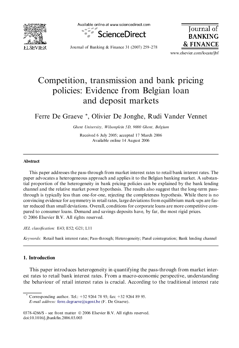 Competition, transmission and bank pricing policies: Evidence from Belgian loan and deposit markets