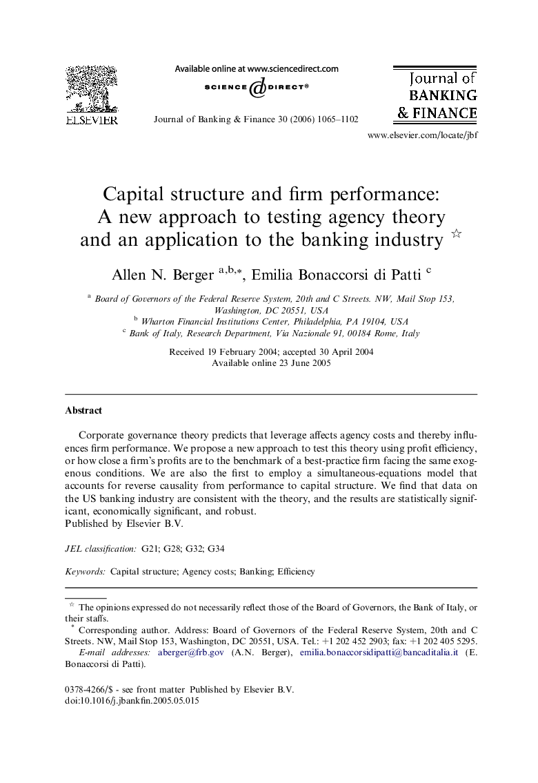 Capital structure and firm performance: A new approach to testing agency theory and an application to the banking industry