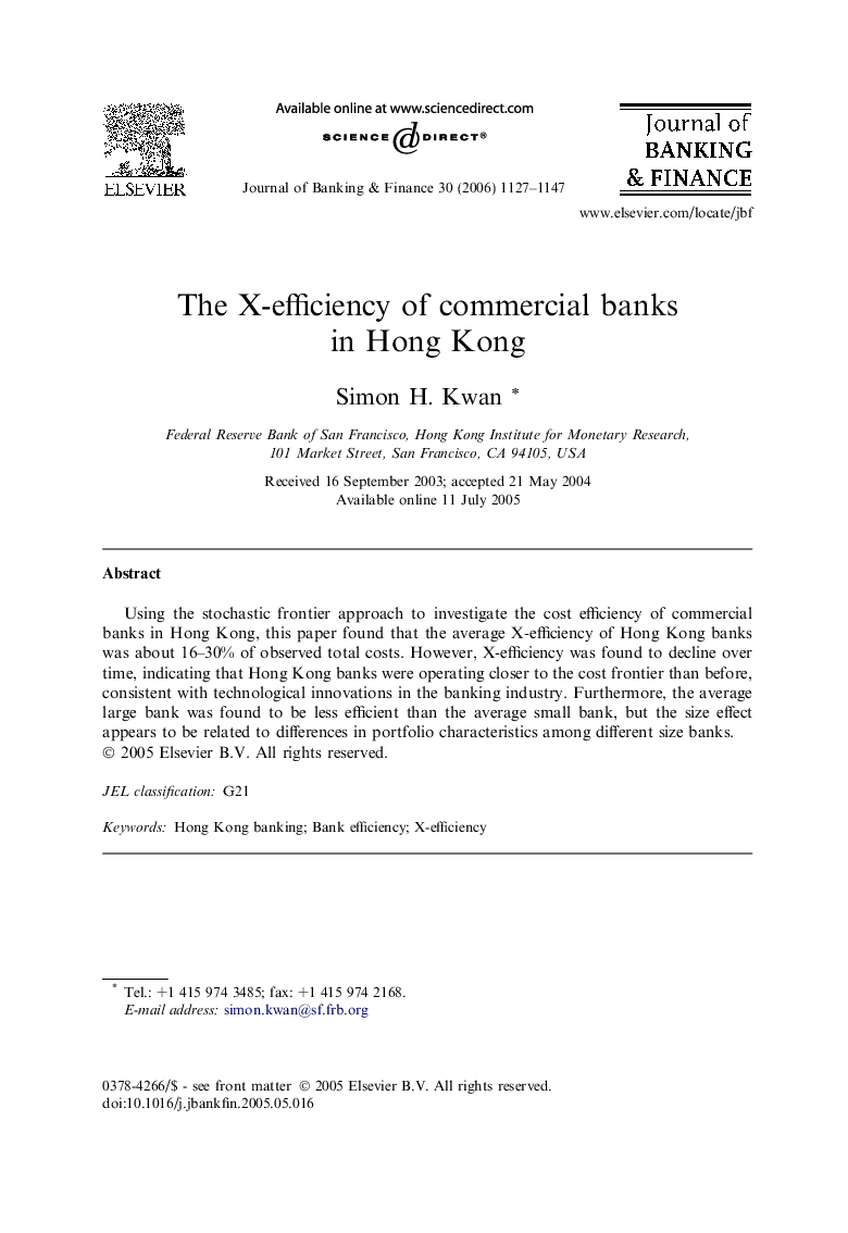 The X-efficiency of commercial banks in Hong Kong