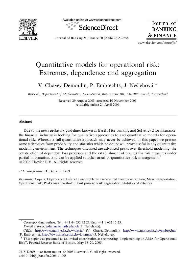 Quantitative models for operational risk: Extremes, dependence and aggregation