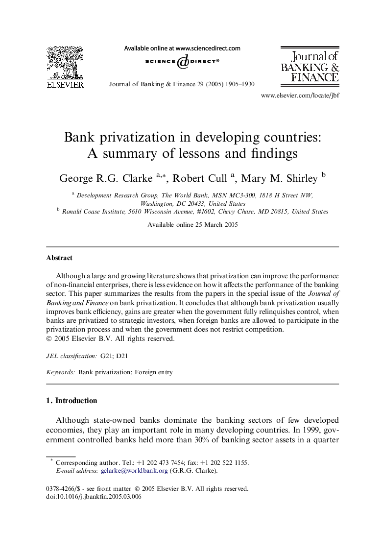 Bank privatization in developing countries: A summary of lessons and findings