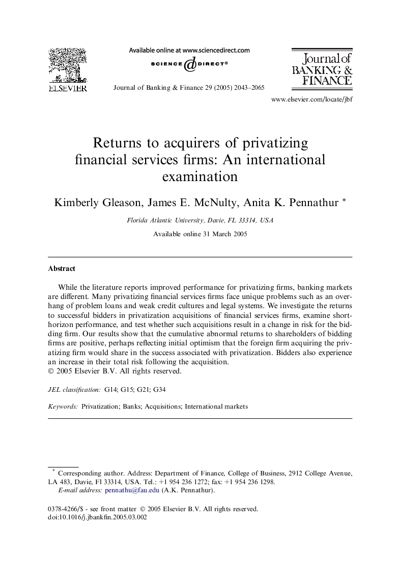 Returns to acquirers of privatizing financial services firms: An international examination