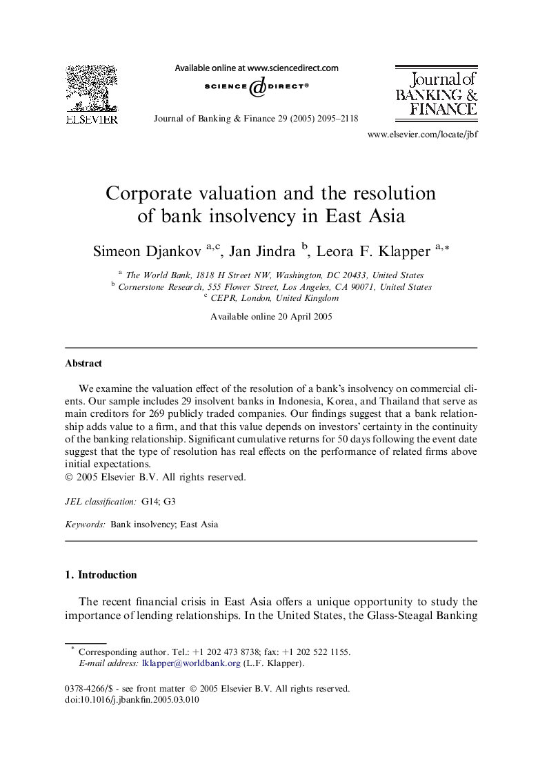 Corporate valuation and the resolution of bank insolvency in East Asia