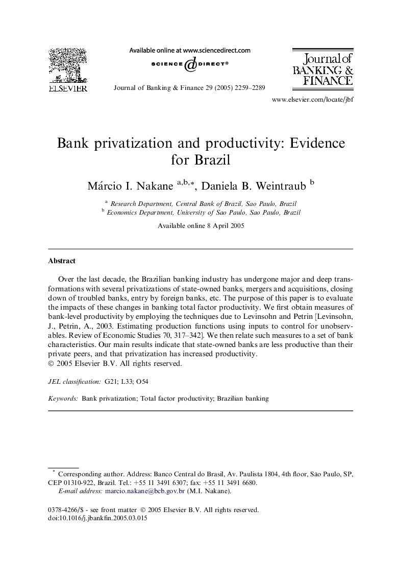 Bank privatization and productivity: Evidence for Brazil