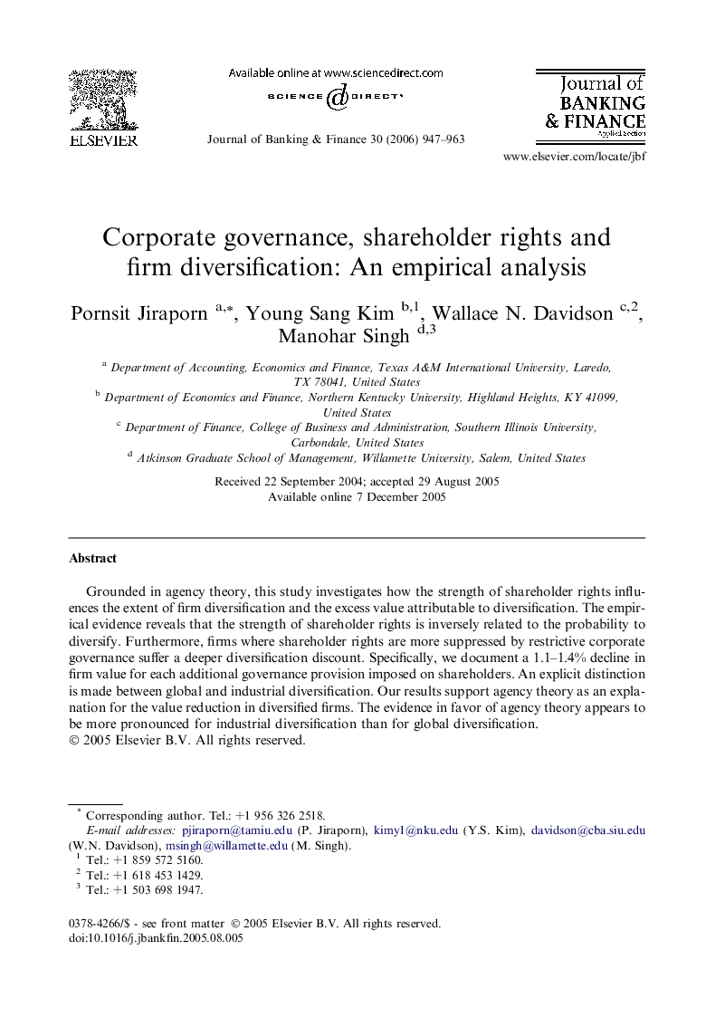 Corporate governance, shareholder rights and firm diversification: An empirical analysis