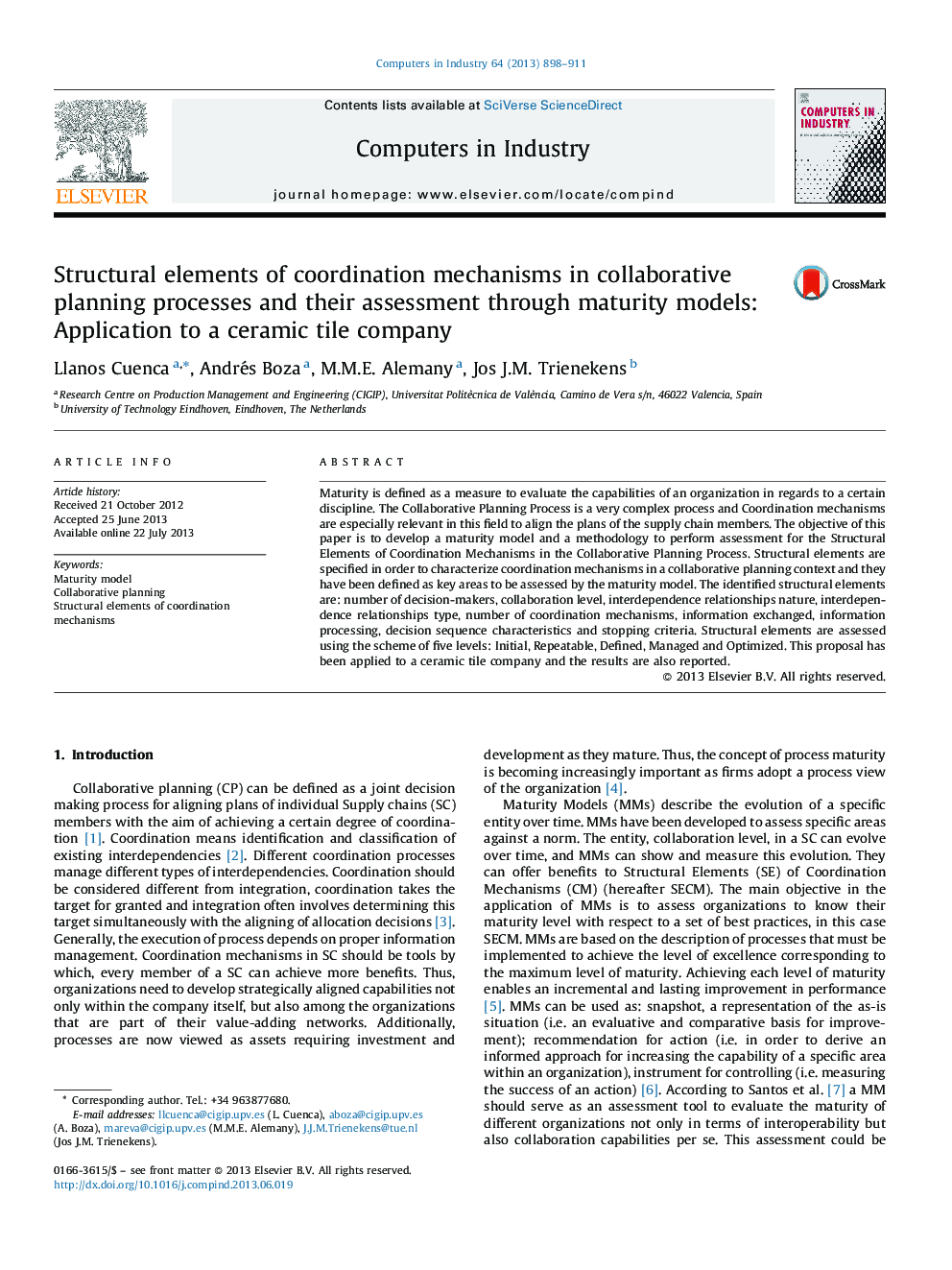 Structural elements of coordination mechanisms in collaborative planning processes and their assessment through maturity models: Application to a ceramic tile company