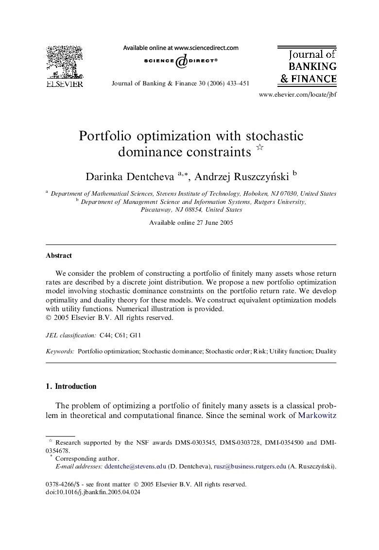 Portfolio optimization with stochastic dominance constraints