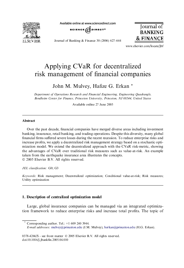 Applying CVaR for decentralized risk management of financial companies