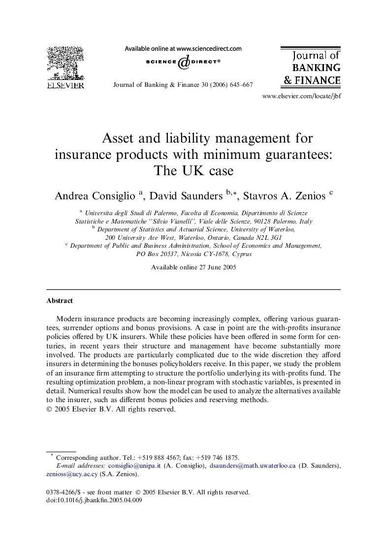 عکس صفحه اول مقاله: Asset and liability management for insurance products with minimum guarantees: The UK case Asset and liability management for insurance products with minimum guarantees: The UK case
