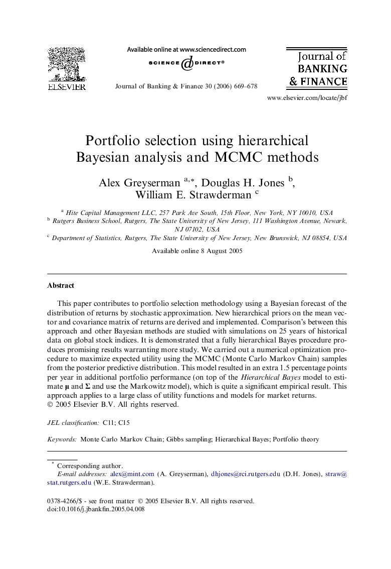 Portfolio selection using hierarchical Bayesian analysis and MCMC methods