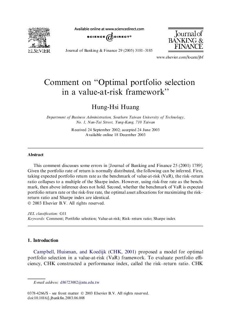 Comment on “Optimal portfolio selection in a value-at-risk framework”