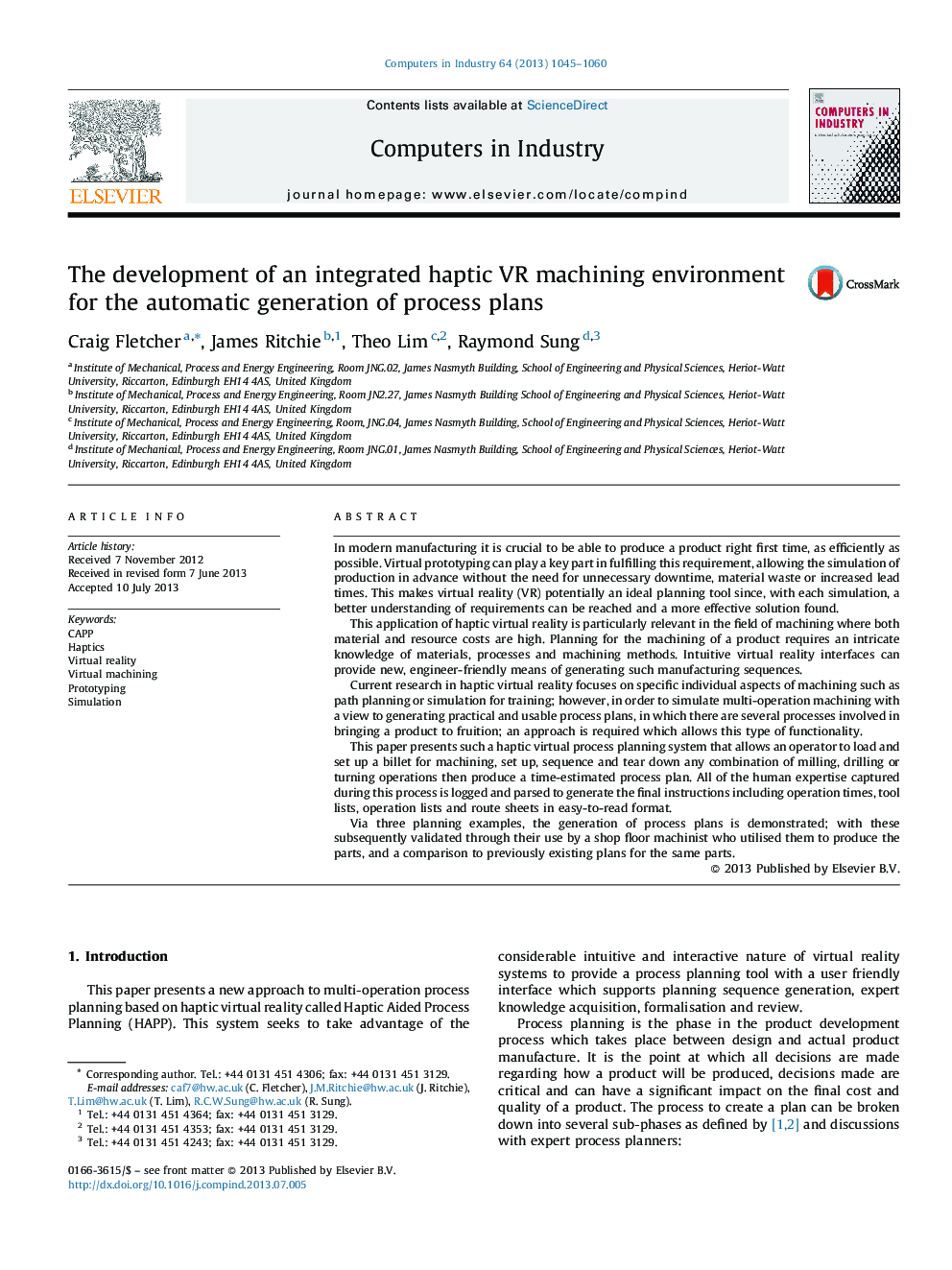 The development of an integrated haptic VR machining environment for the automatic generation of process plans