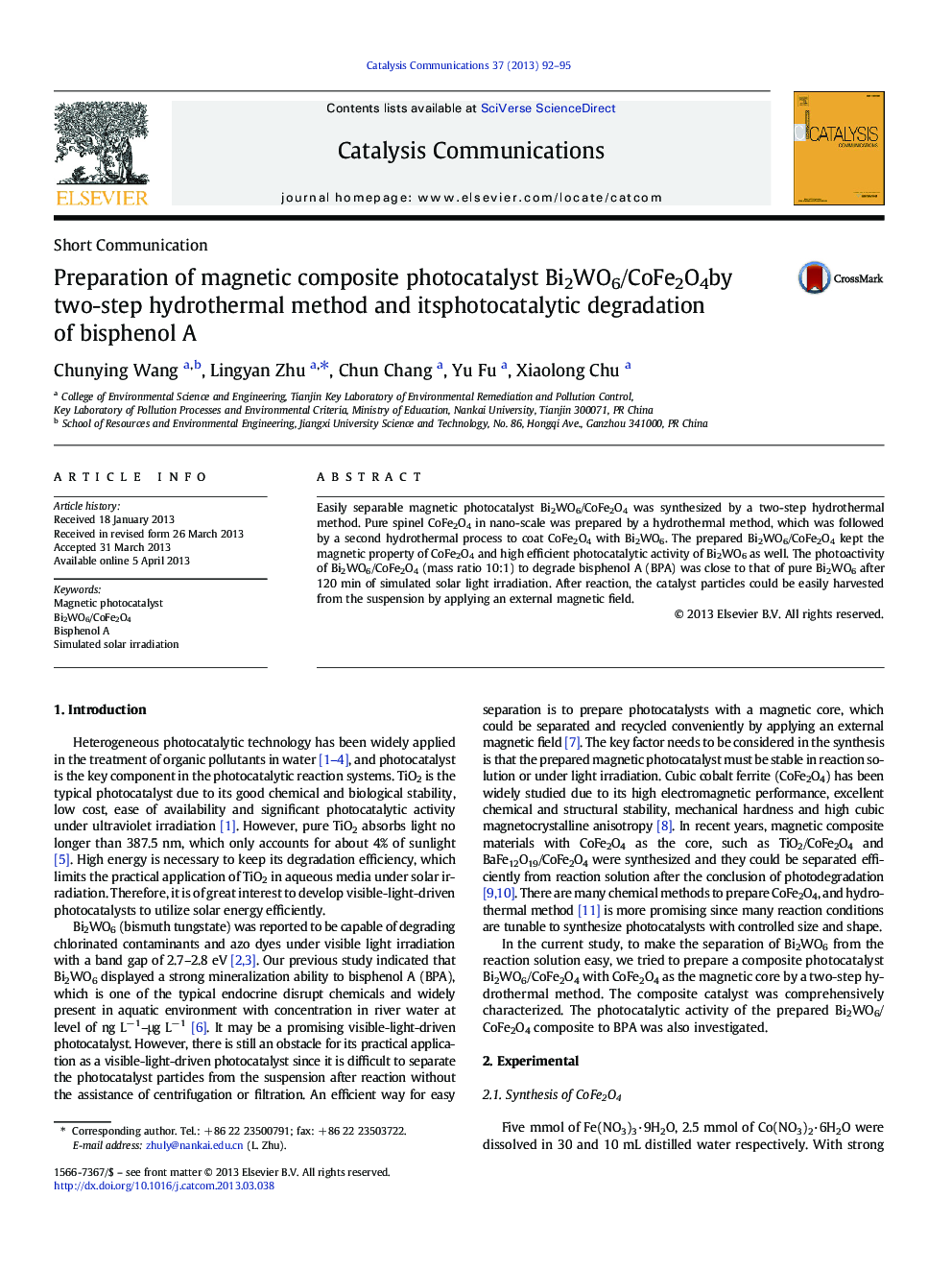 Preparation of magnetic composite photocatalyst Bi2WO6/CoFe2O4by two-step hydrothermal method and itsphotocatalytic degradation of bisphenol A