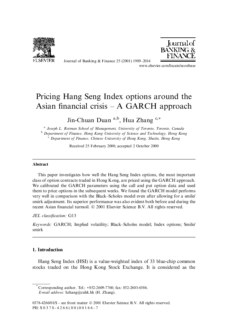Pricing Hang Seng Index options around the Asian financial crisis - A GARCH approach