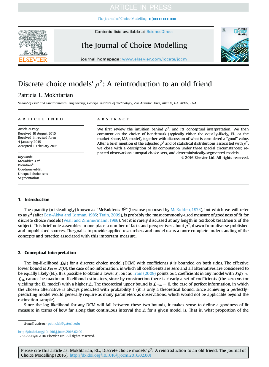 عکس صفحه اول مقاله: Discrete choice models' Ï2: A reintroduction to an old friend Discrete choice models' Ï2: A reintroduction to an old friend