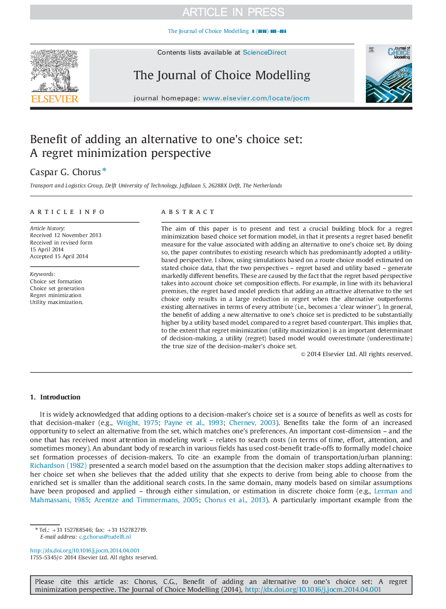 Benefit of adding an alternative to one×³s choice set: A regret minimization perspective