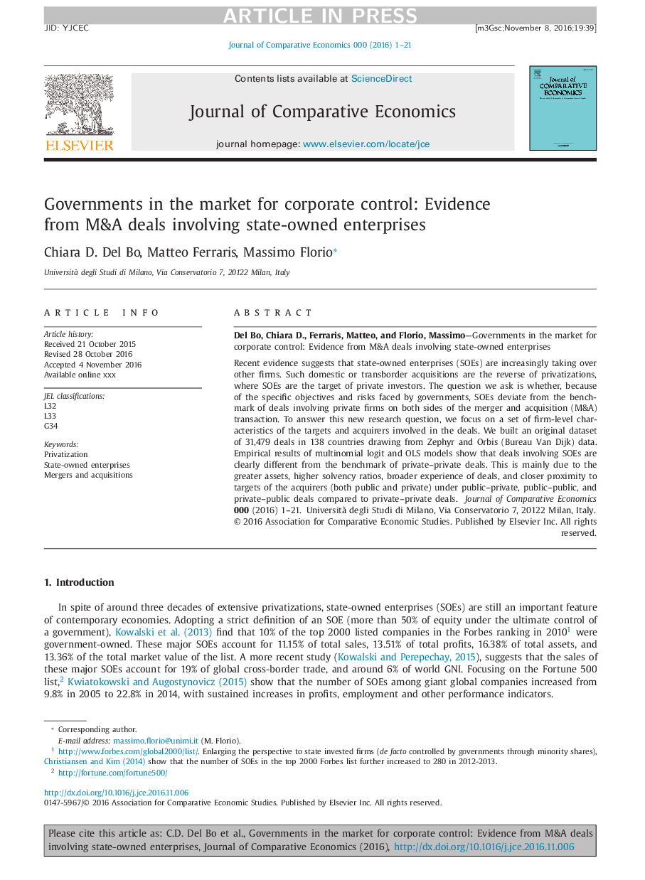 Governments in the market for corporate control: Evidence from M&A deals involving state-owned enterprises