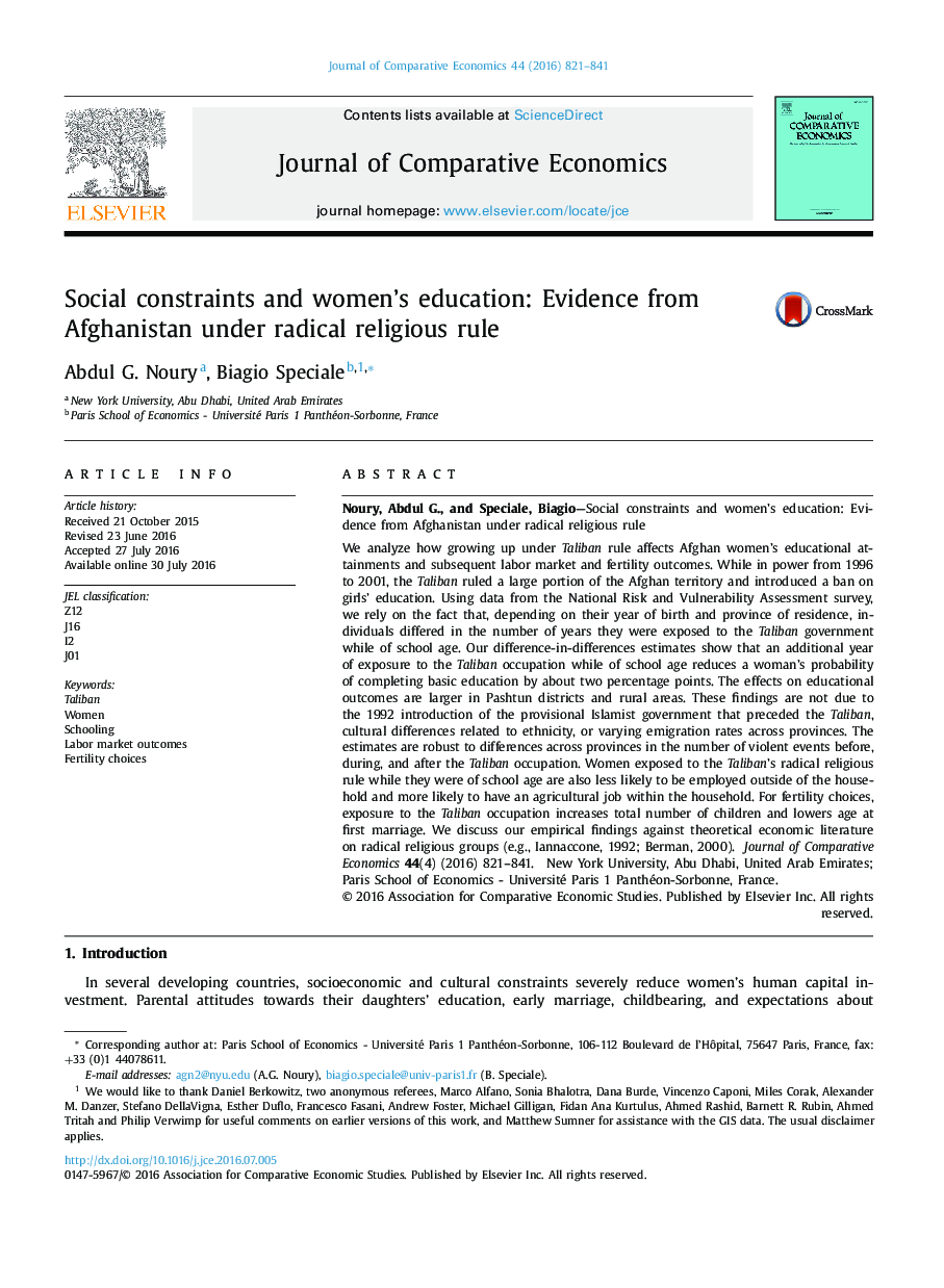 Social constraints and women's education: Evidence from Afghanistan under radical religious rule