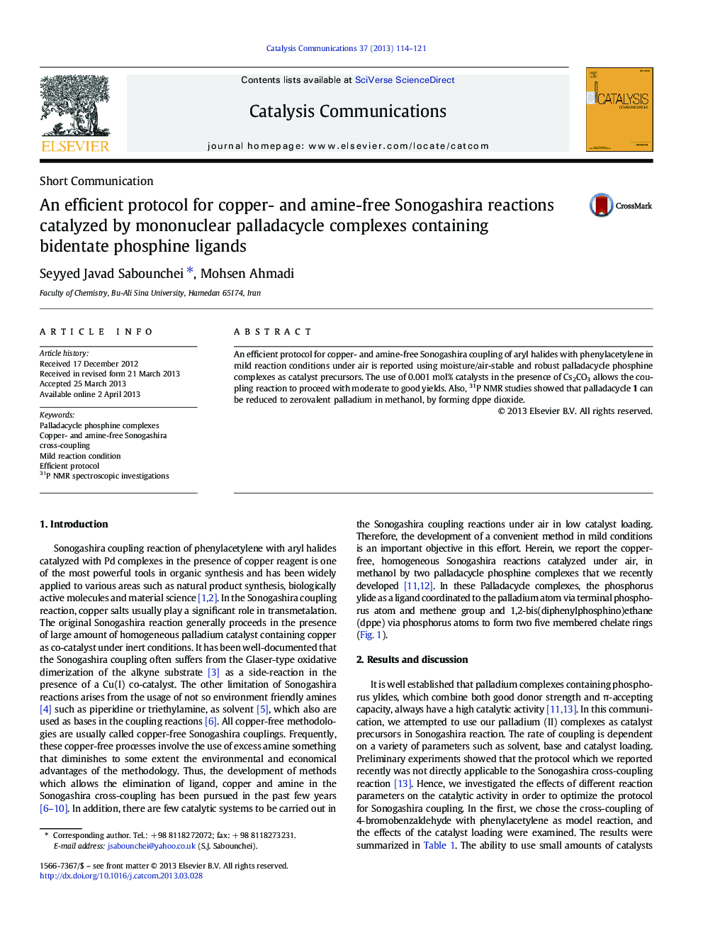 An efficient protocol for copper- and amine-free Sonogashira reactions catalyzed by mononuclear palladacycle complexes containing bidentate phosphine ligands