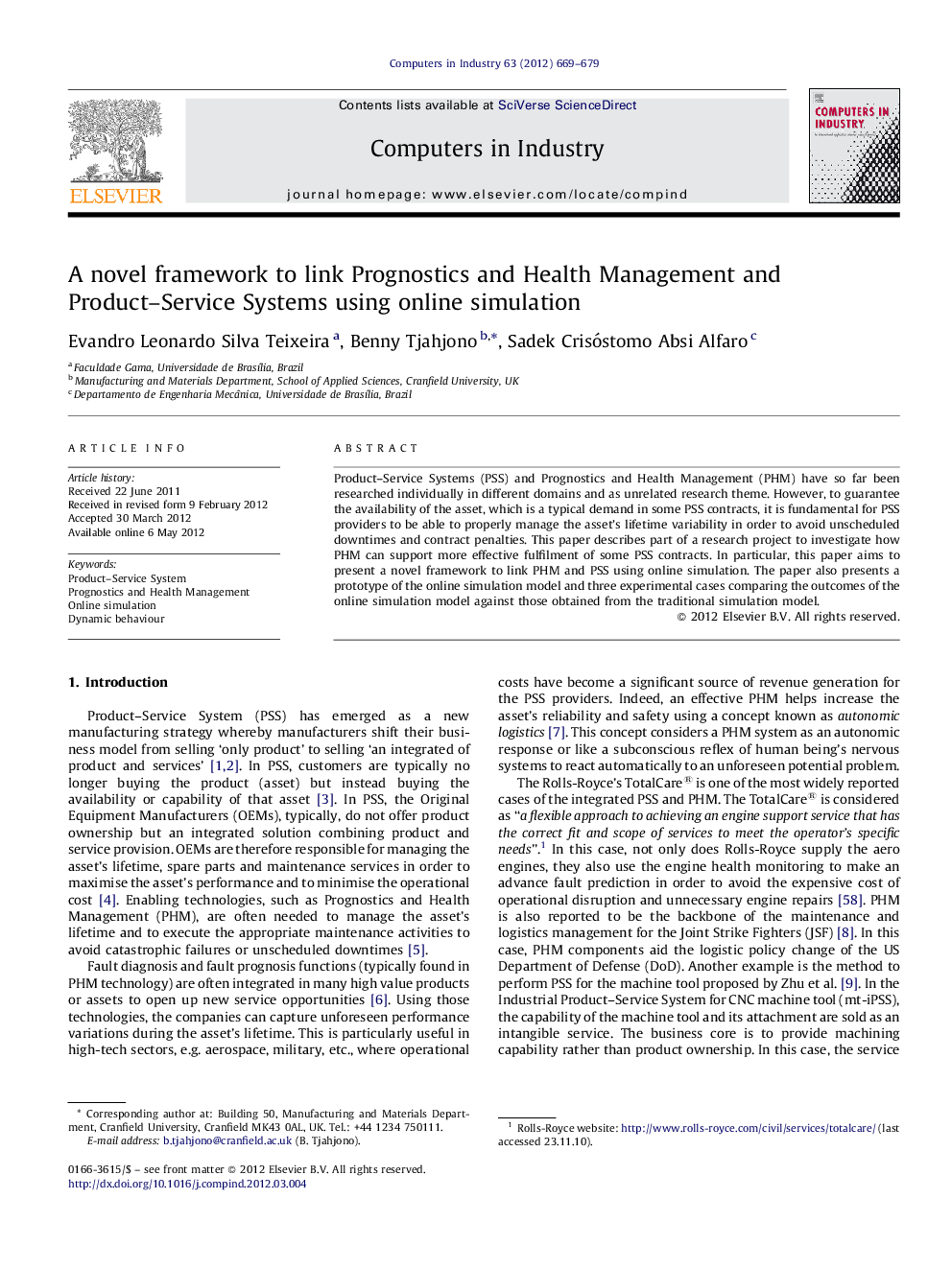 A novel framework to link Prognostics and Health Management and Product–Service Systems using online simulation