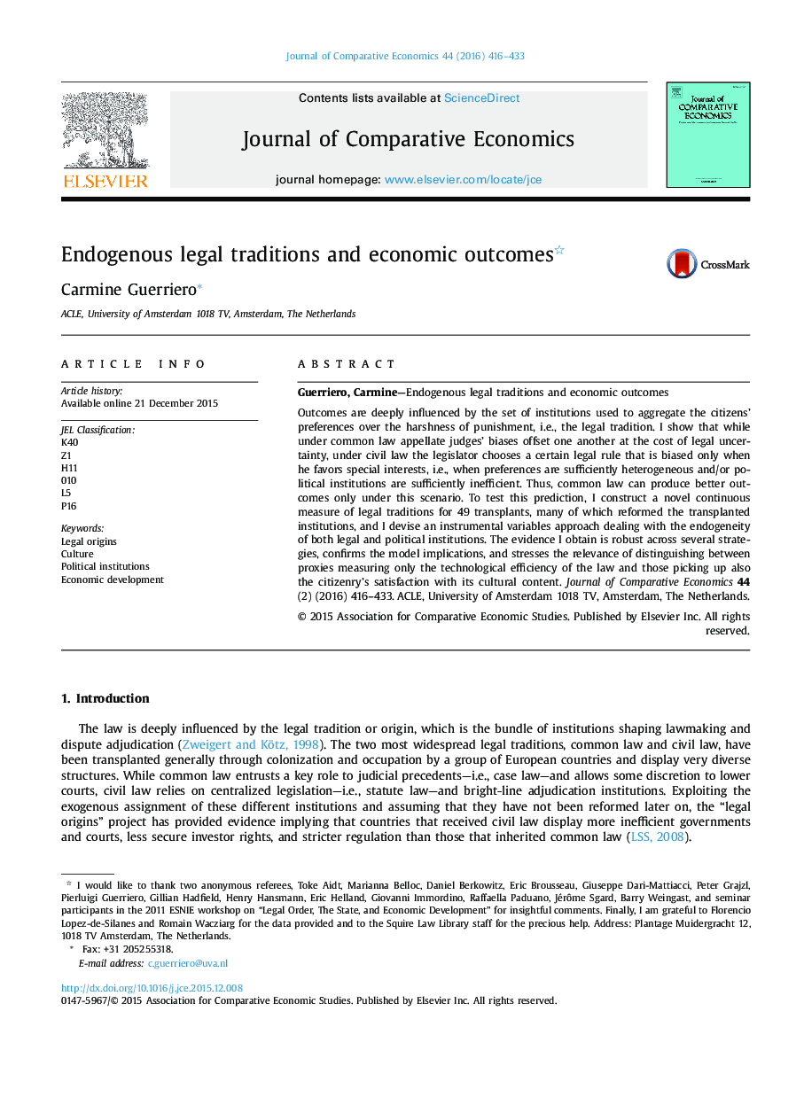 Endogenous legal traditions and economic outcomes