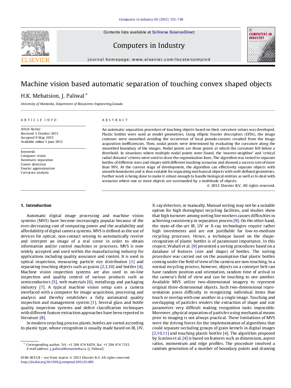 Machine vision based automatic separation of touching convex shaped objects