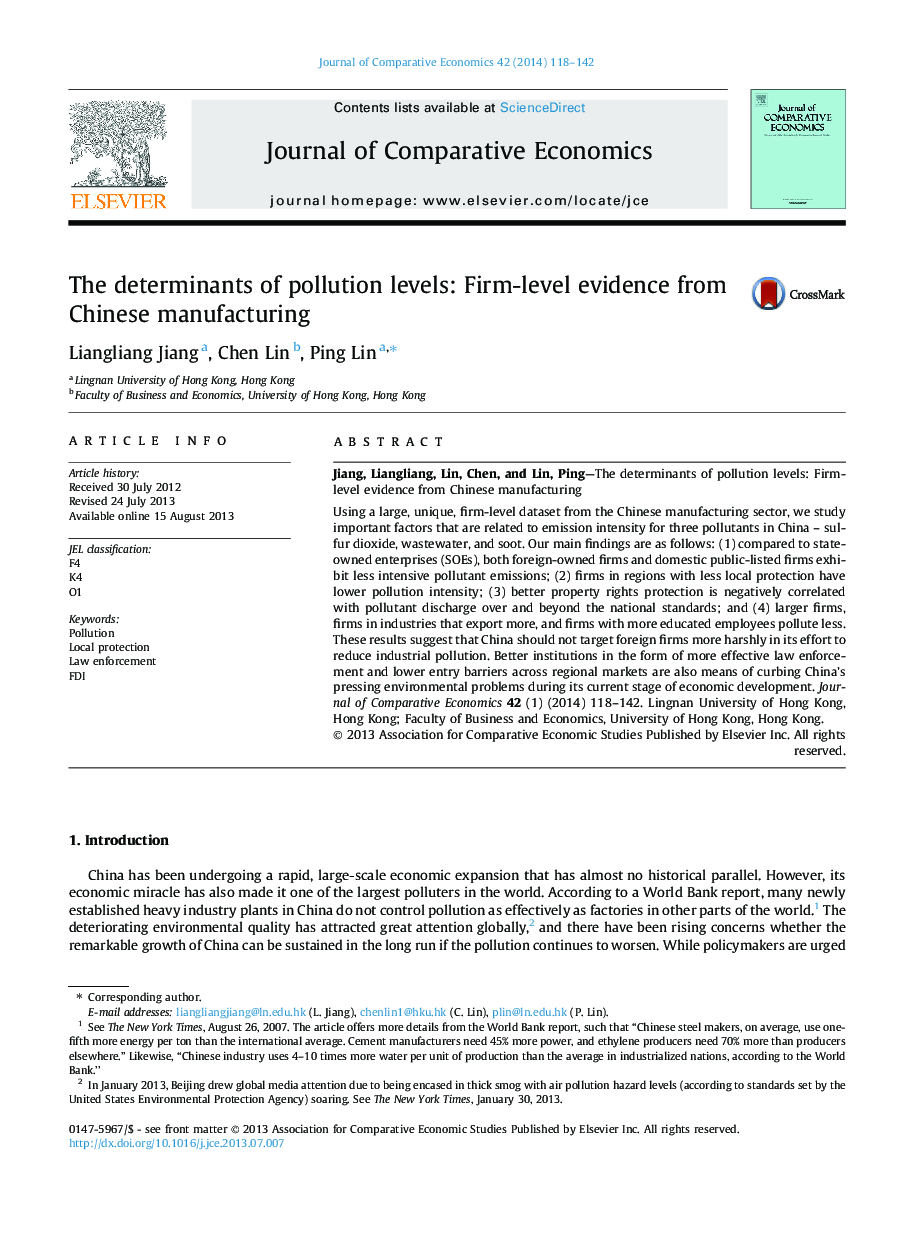 The determinants of pollution levels: Firm-level evidence from Chinese manufacturing