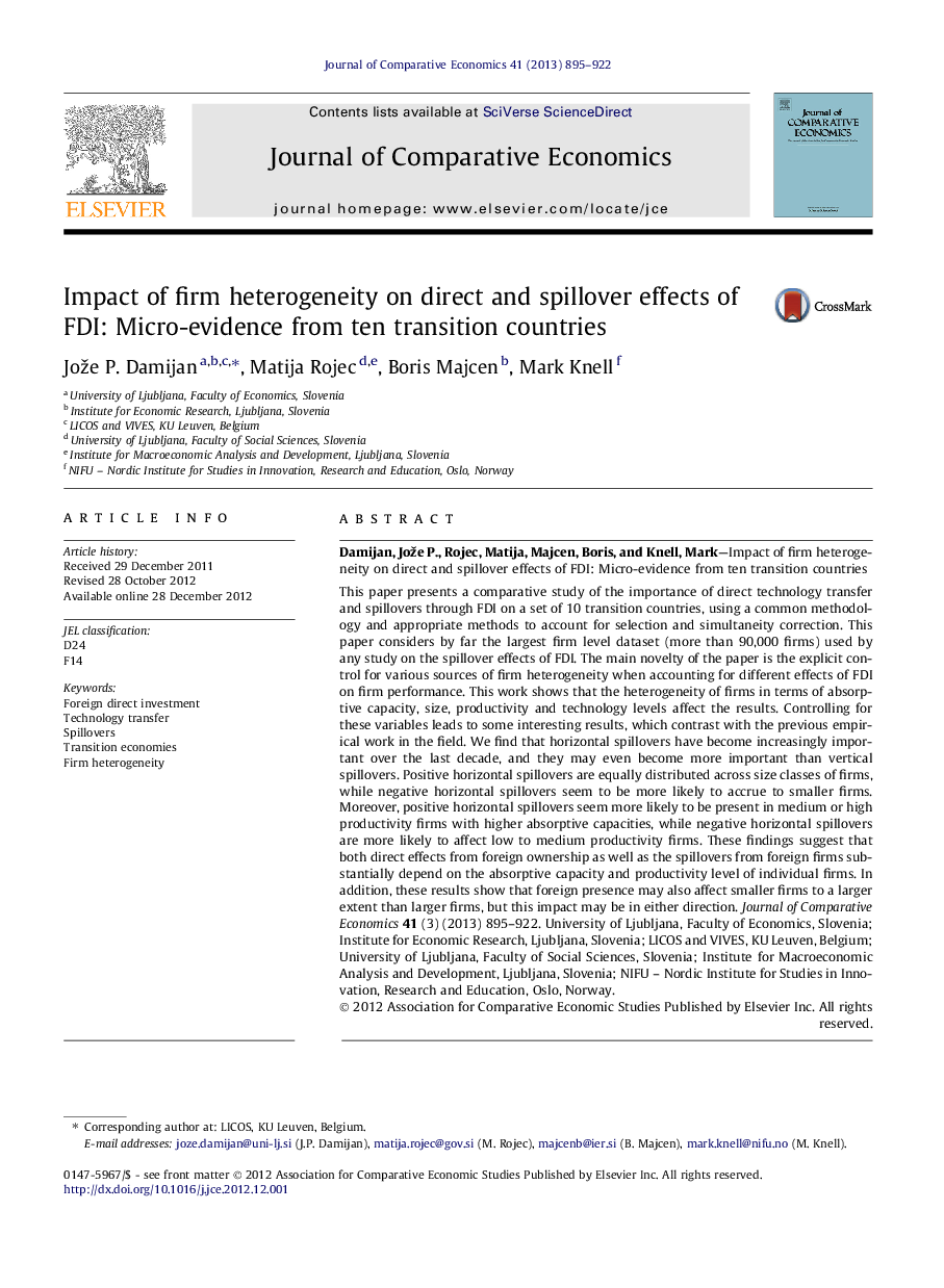 Impact of firm heterogeneity on direct and spillover effects of FDI: Micro-evidence from ten transition countries