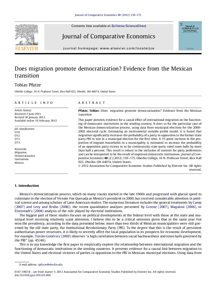 Does migration promote democratization? Evidence from the Mexican transition