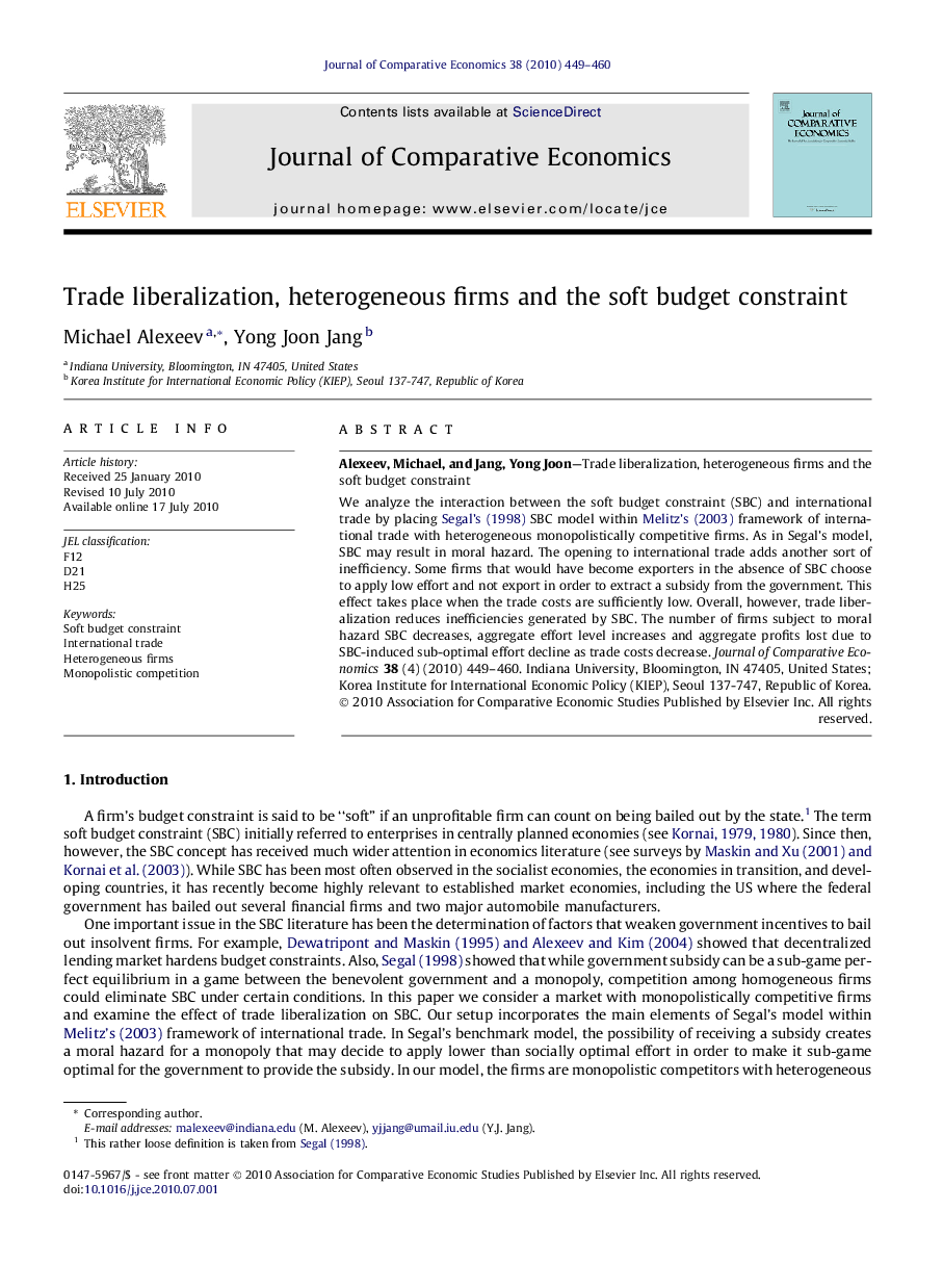 Trade liberalization, heterogeneous firms and the soft budget constraint