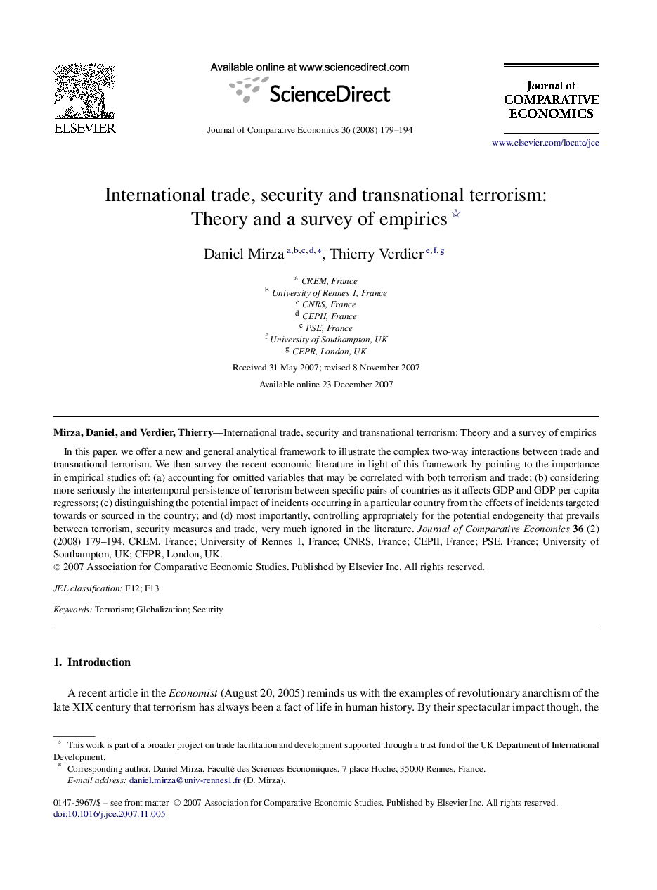 International trade, security and transnational terrorism: Theory and a survey of empirics