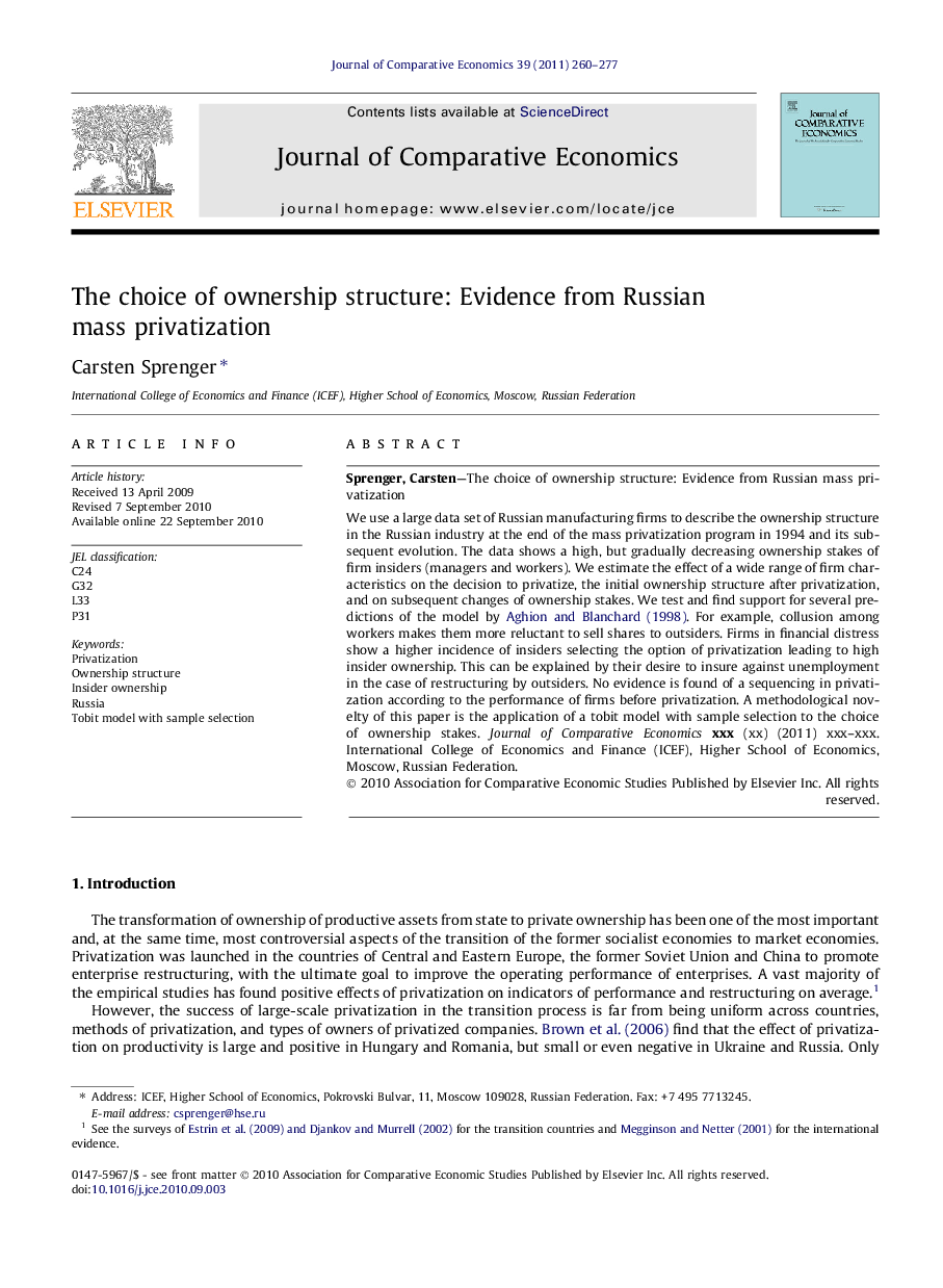 The choice of ownership structure: Evidence from Russian mass privatization